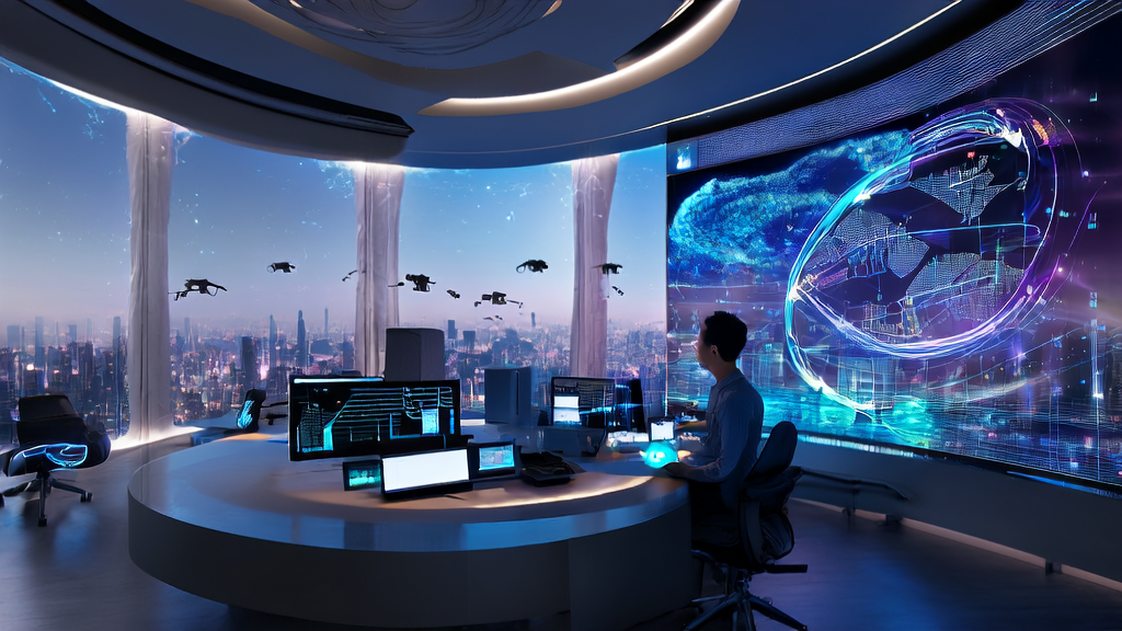 In a futuristic office, an entrepreneur uses AI email automation tools for cross-border e-commerce marketing