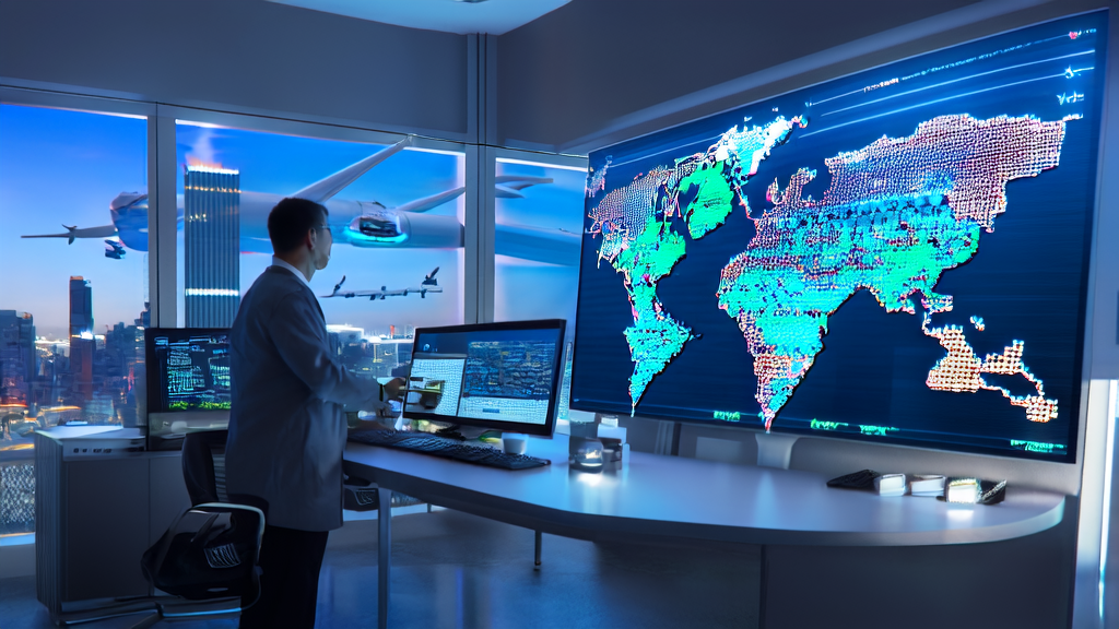 Employee using multilingual AI email generator to process global orders in a futuristic office