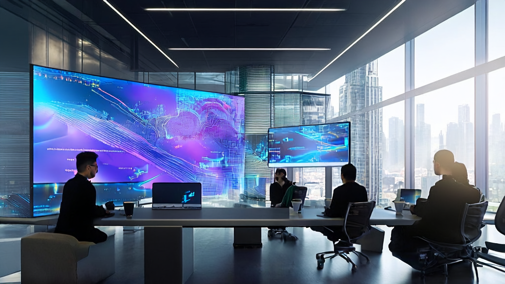 In a modern office building in a futuristic city, young entrepreneurs are efficiently working with AI email marketing tools and the Meitu WHEE one-click photo editing feature.