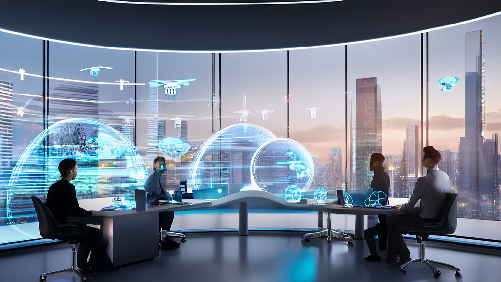 Entrepreneurs in a futuristic office using AI technology to optimize email marketing strategies