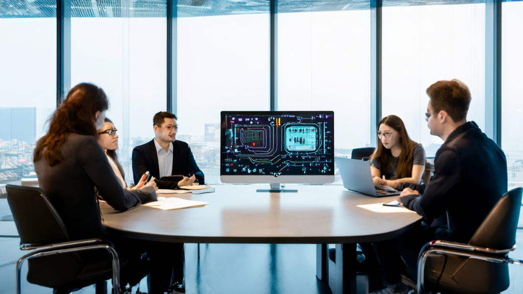Team in a futuristic office using Alibaba HumanOmniV2 to optimize email marketing strategies