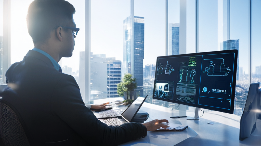 In a futuristic office, an entrepreneur manages customer relationships using an AI email marketing system, with personalized email templates displayed on the screen.