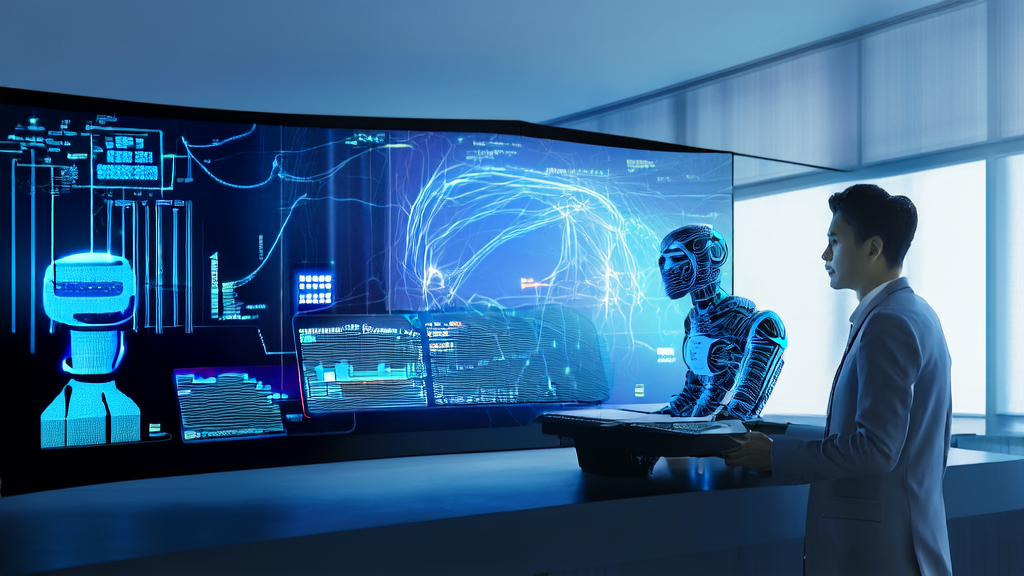 未来科技办公室内的年轻创业者使用AI邮件营销工具的画面