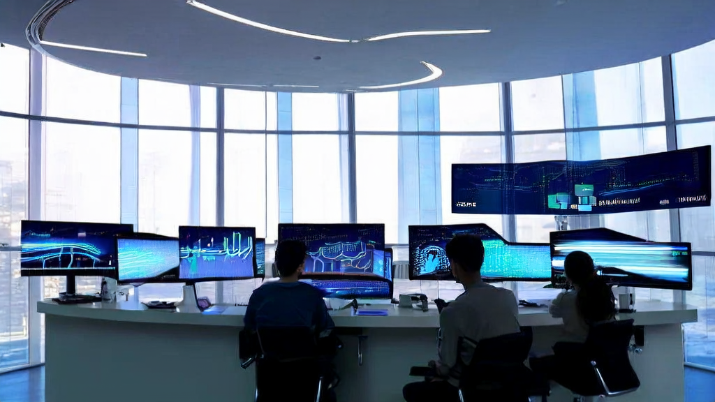 Employees in a futuristic office using AI tools for email marketing acquisition