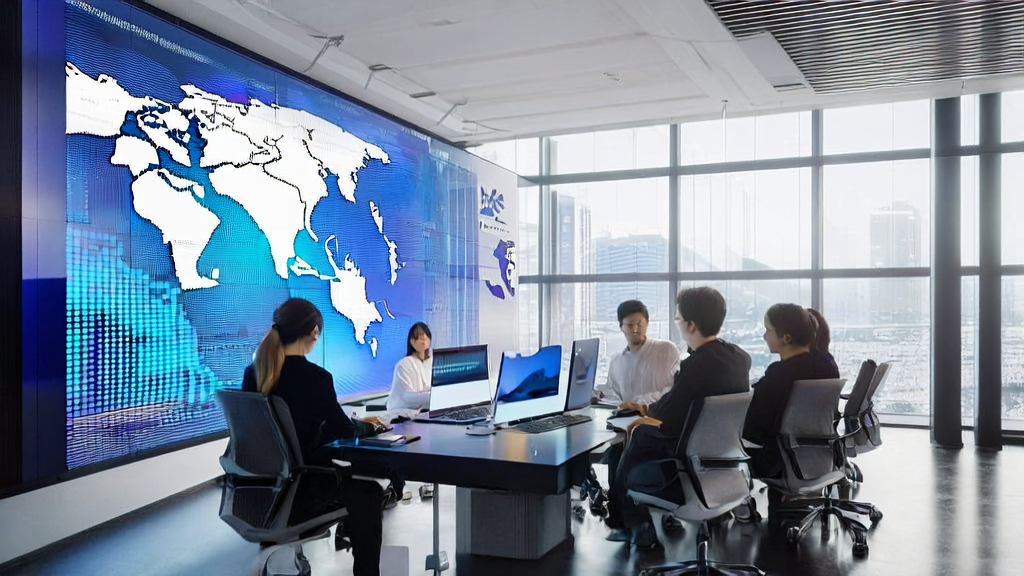 A futuristic office where tech professionals are discussing AI email marketing strategies, with a poster of the OpenAI and NVIDIA collaboration on the wall.