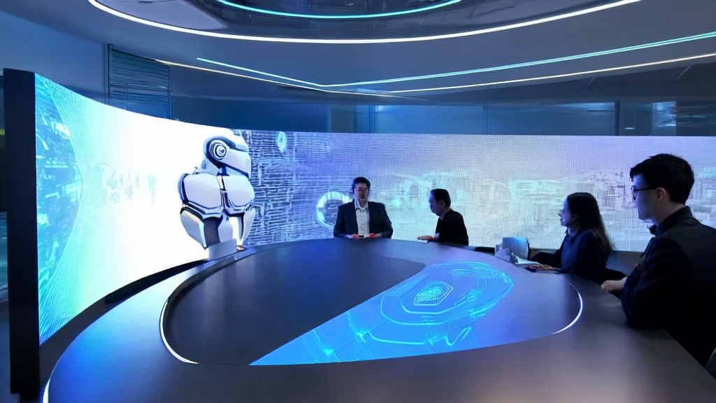 未来科技办公室内员工讨论AI邮件营销策略，阳光透过落地窗洒进房间，AI助手机器人协助润色邮件内容