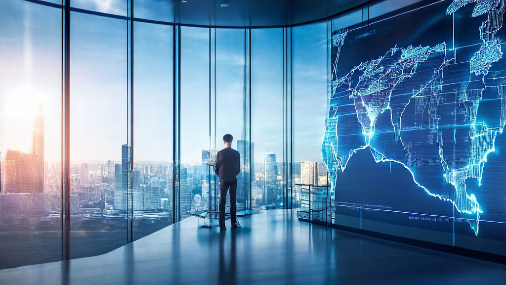 In a futuristic office, an entrepreneur uses a multilingual AI email generator and the Alibaba Quark AI glasses for global marketing