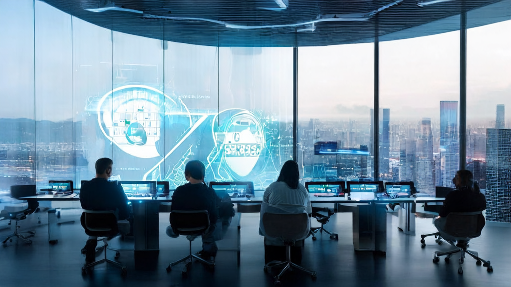 Staff in a futuristic office using AI for personalized email marketing