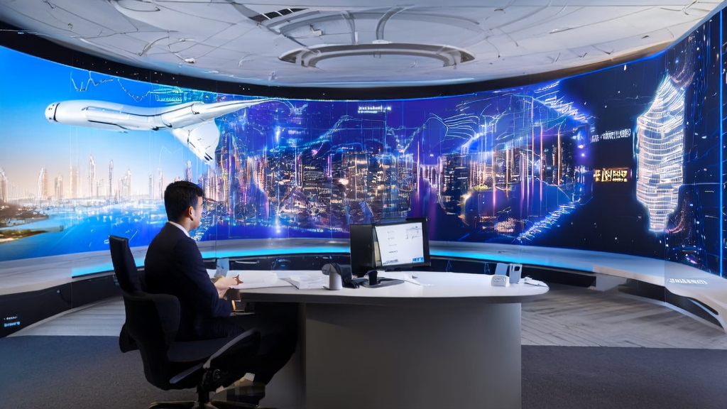 E-commerce marketing manager in a futuristic office using AI-optimized email marketing