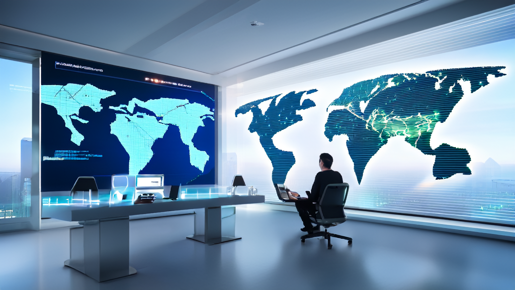 A futuristic office scene with AI email marketing, where an analyst uses advanced tools for personalized email campaigns, illuminated by sunlight through floor-to-ceiling windows.