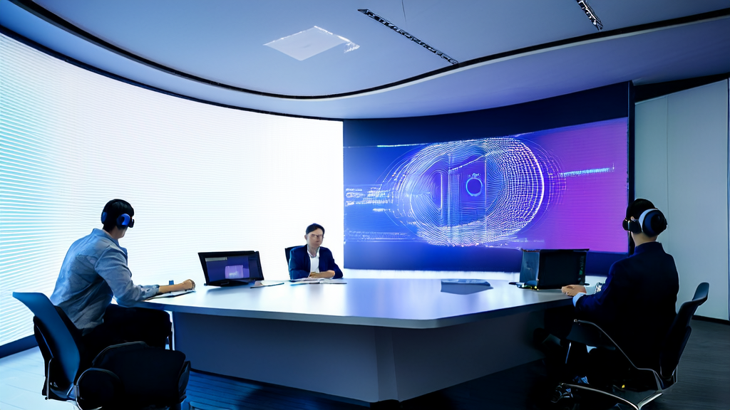 A team in a futuristic office using AI-driven email automation tools for cross-border e-commerce marketing