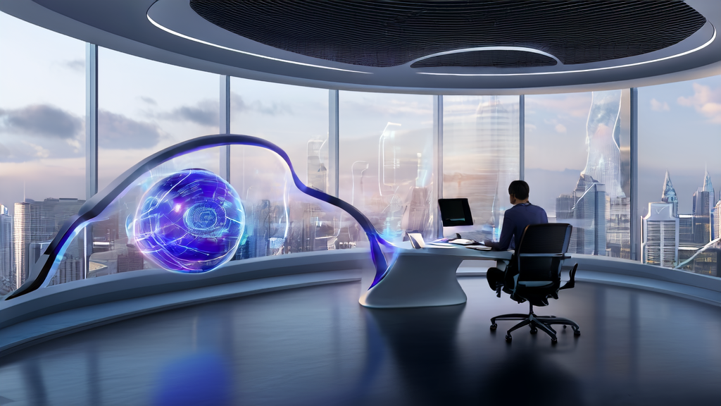 Data analyst using AI technology for email marketing analysis and optimization in a futuristic office