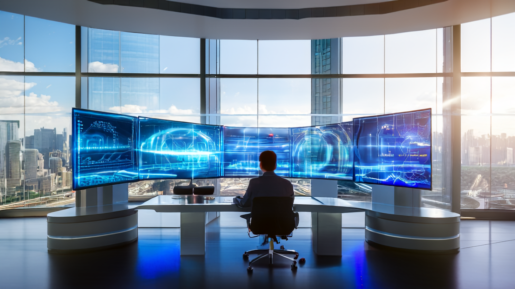 Entrepreneur using AI for email marketing in a future office