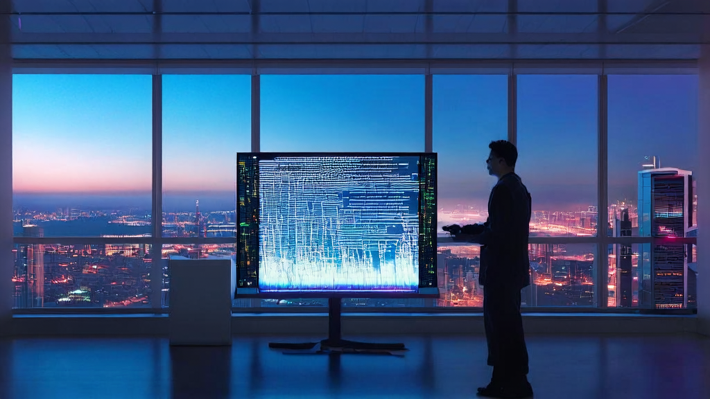 A programmer in a futuristic office is debugging an AI email polishing system