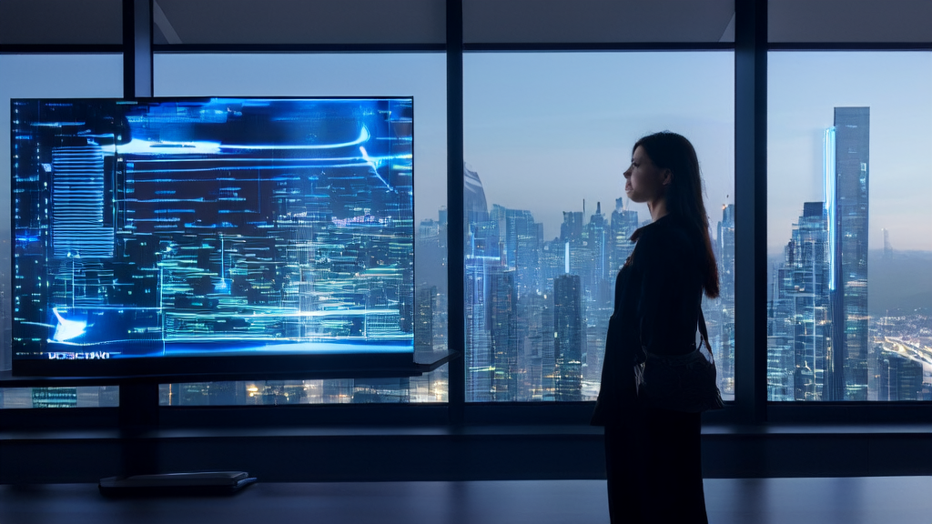 In a futuristic office, an entrepreneur uses the Zhiyuan “Lingchuang“ platform for AI keyword optimization to boost traffic for her cross-border e-commerce site