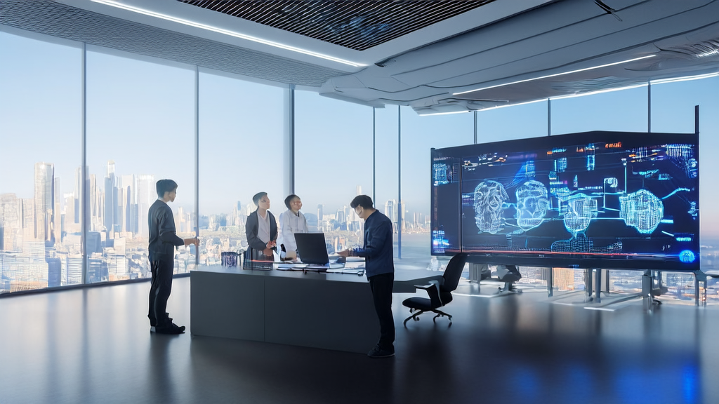 Tech professionals discussing AI keyword optimization strategies in a futuristic office