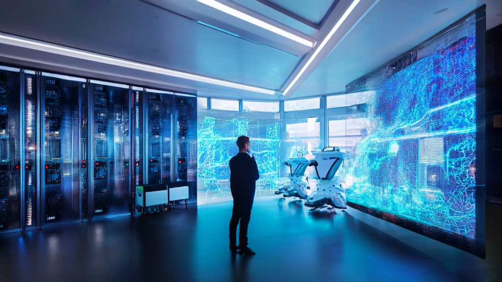 未来办公室中的创业者使用AI技术进行关键词优化,背景为繁华城市夜景