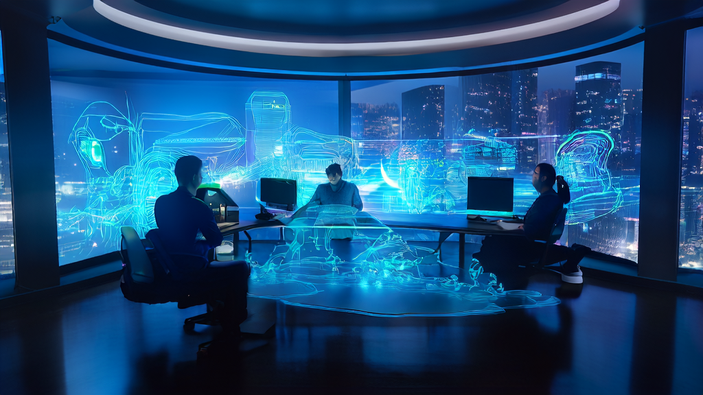 Entrepreneur in a futuristic office using AI keyword optimization tools for cross-border e-commerce SEO traffic increase