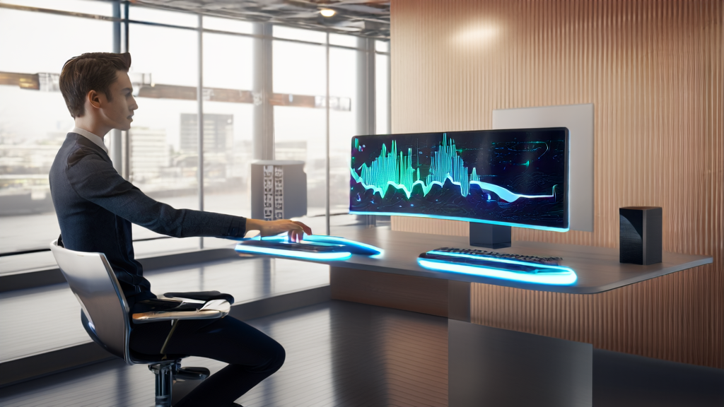 In a futuristic office, an entrepreneur uses AI technology for keyword optimization with an Alibaba Wanzhuang 2.6 poster on the wall.