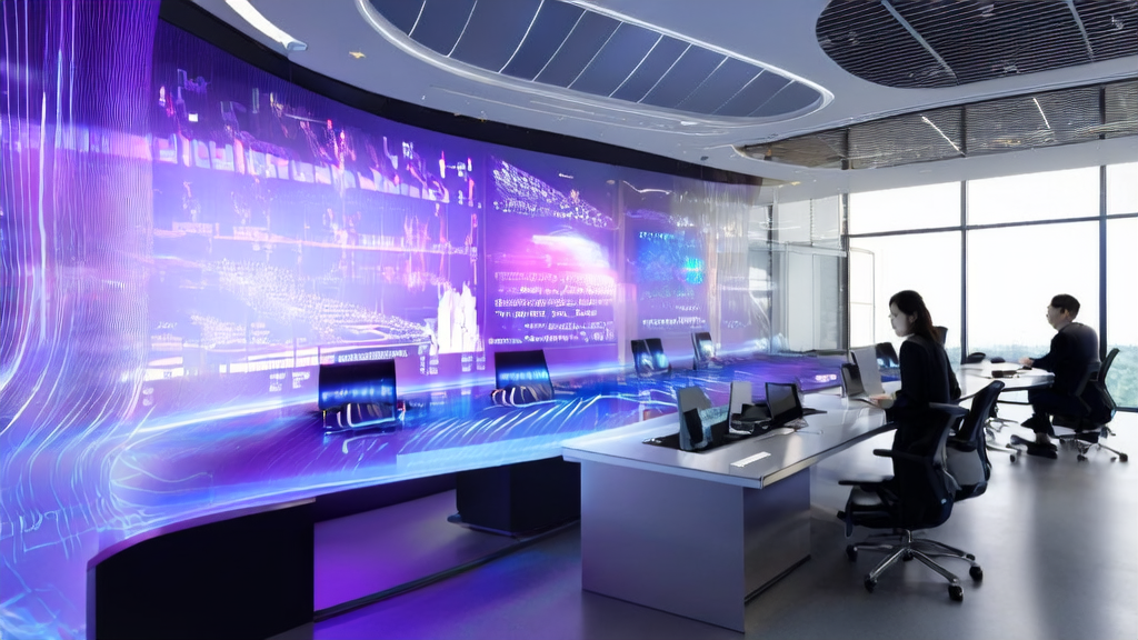 A futuristic office where an AI marketing team is discussing high-conversion email strategies based on AI