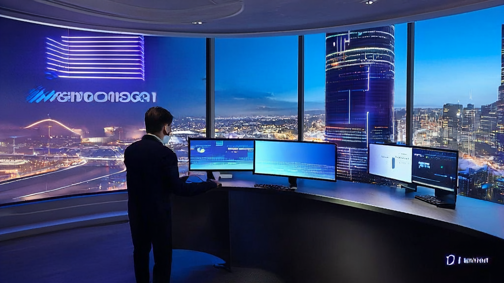 A future office scene featuring AI marketing, showcasing smart devices and real-time customer data analysis