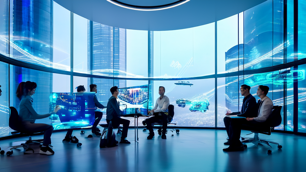 AI marketing team in a futuristic office discussing Mistral AI's Le Chat features