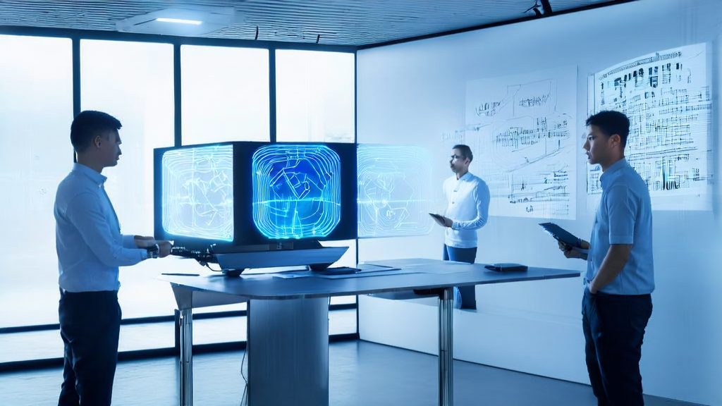 Tech professionals in a futuristic office discussing AI customer acquisition to boost e-commerce sales