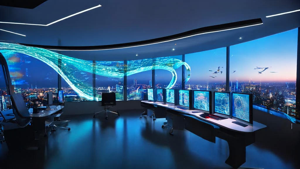 未来办公室中的智能电脑显示AI驱动的邮件营销报告