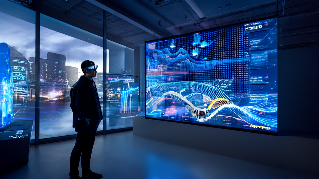 未来办公室中,创业者通过AI技术进行全球市场分析和邮件营销优化