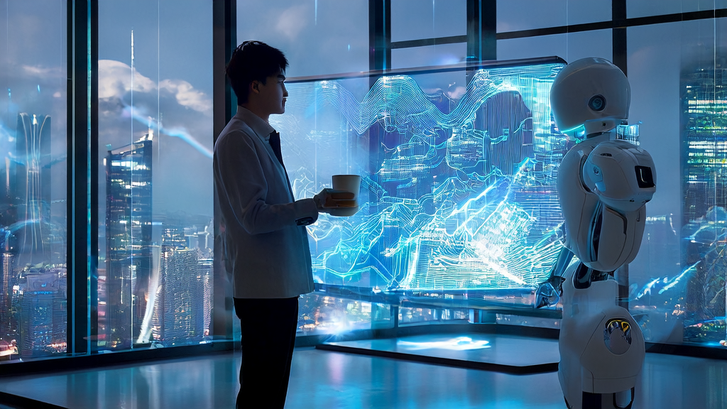 Entrepreneur using AI-optimized email marketing in a futuristic office