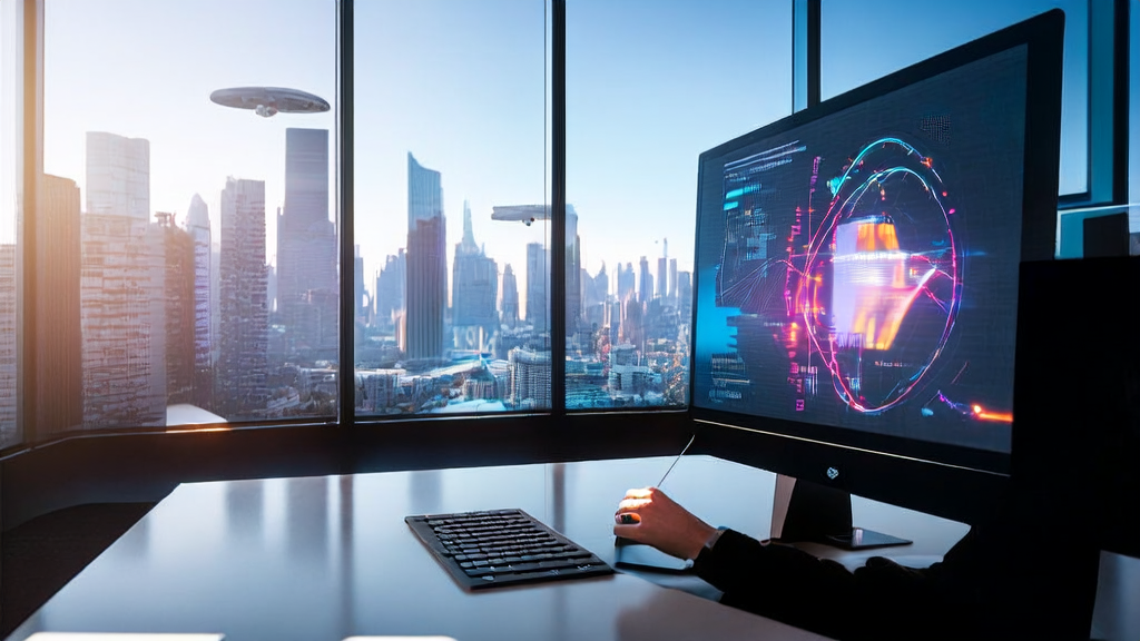 A young entrepreneur in a futuristic office using AI technology for email marketing, with the screen displaying rich content generated by ElevenLabs