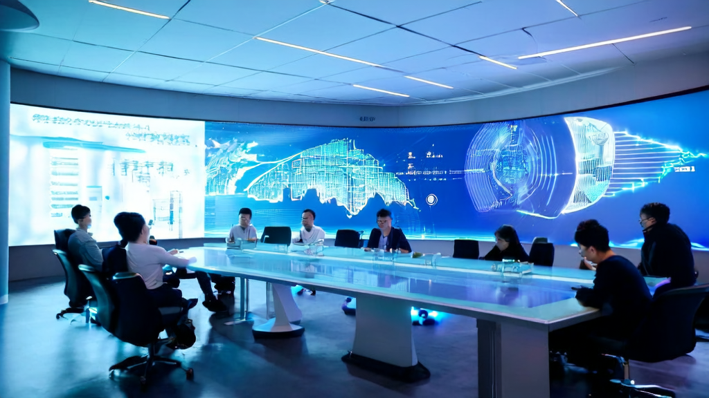 Team members in a futuristic office discussing AI-optimized email marketing strategies