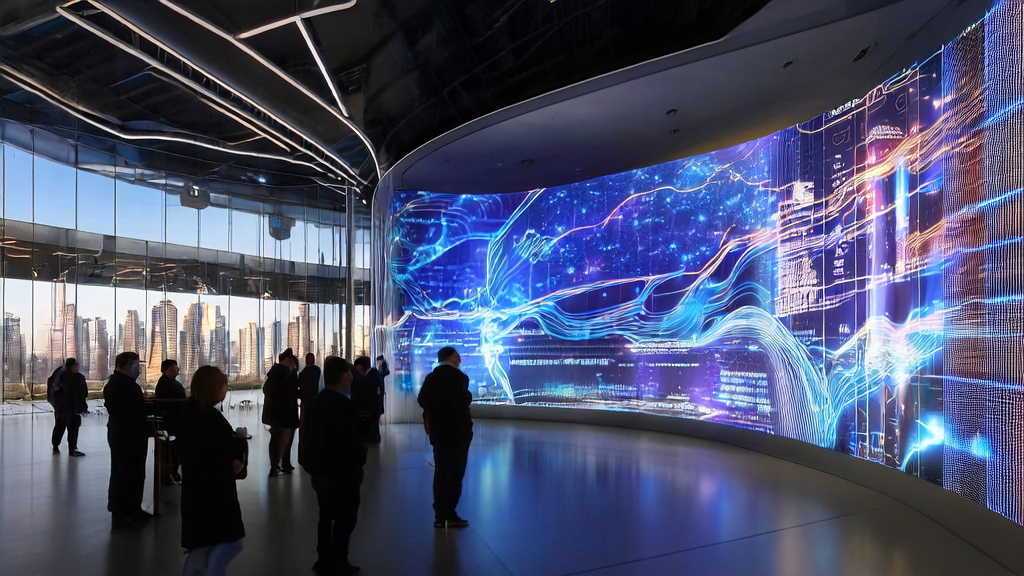 A scene of a future office showcasing AI marketing, featuring real-time data analysis and AI assistant applications