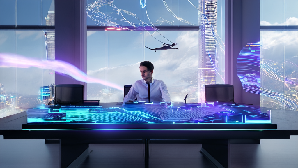 未来办公室内的市场分析师使用AI客户预测模型优化个性化邮件营销