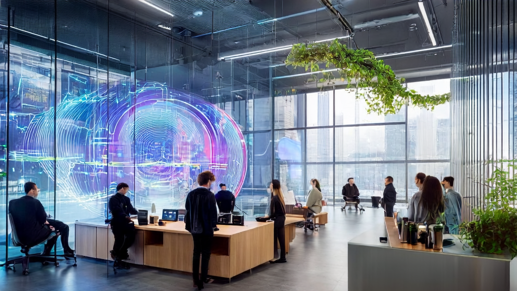 Professionals in a futuristic office using AI for precise customer acquisition and personalized email marketing