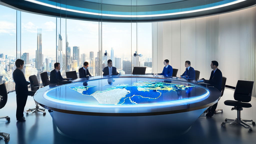 Business professionals using AI technology for email marketing analysis in a futuristic office