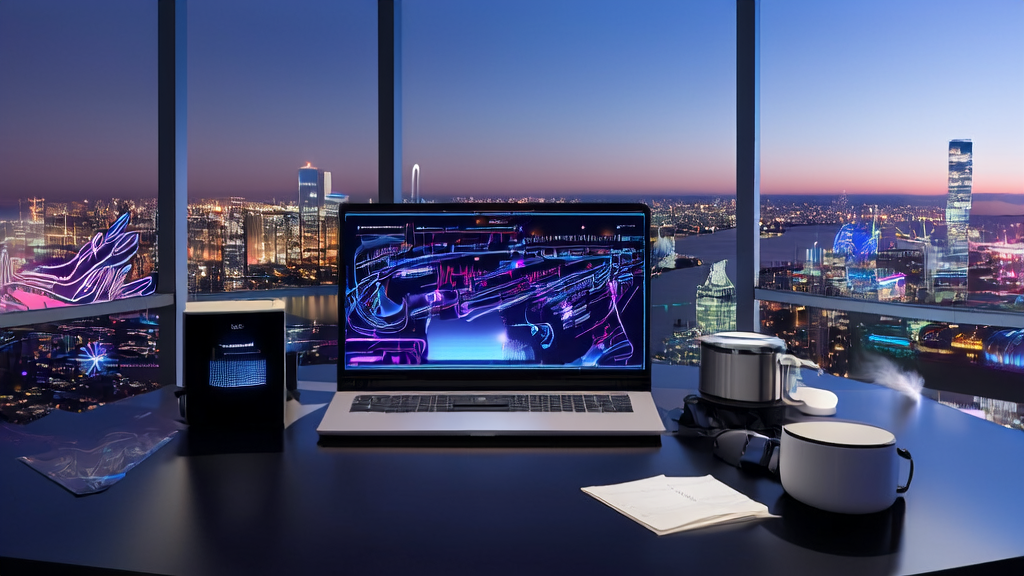 未来感办公室内展示高性能RTX笔记本电脑和AI邮件营销平台