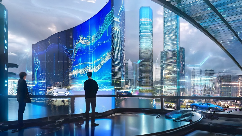 A futuristic office where an entrepreneur uses AI technology to optimize overseas marketing strategies