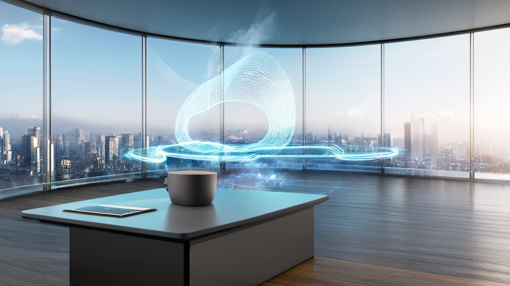 A futuristic office with smart devices and automation tools assisting the team in efficient email marketing