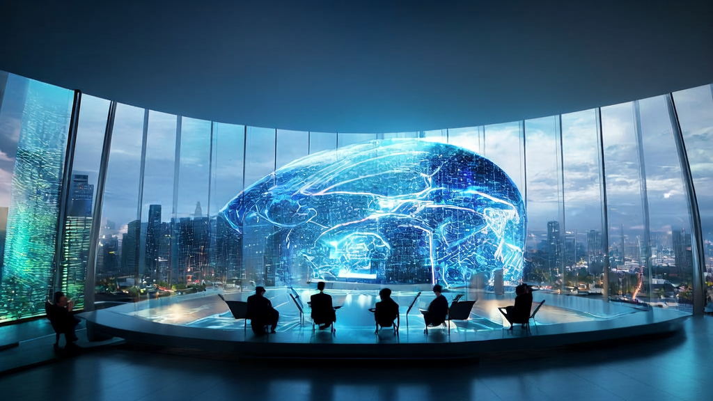 Professionals in a futuristic office using AI technology to optimize advertising strategies