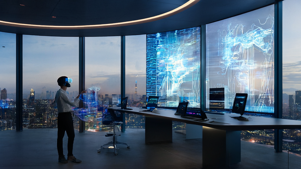 未来办公室中，创业者利用AI技术优化独立站的SEO策略和多语言内容生成