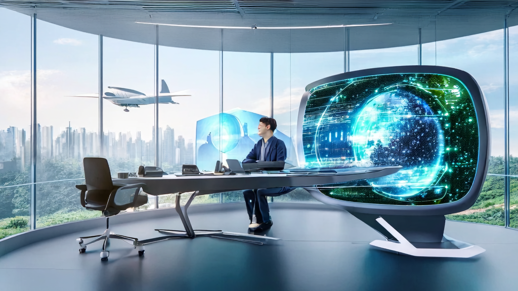 Businessperson using AI optimization tool for export emails in a futuristic office