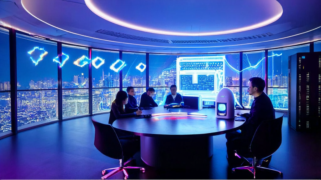 Engineers in a futuristic office using AI technology for customer data collection and analysis