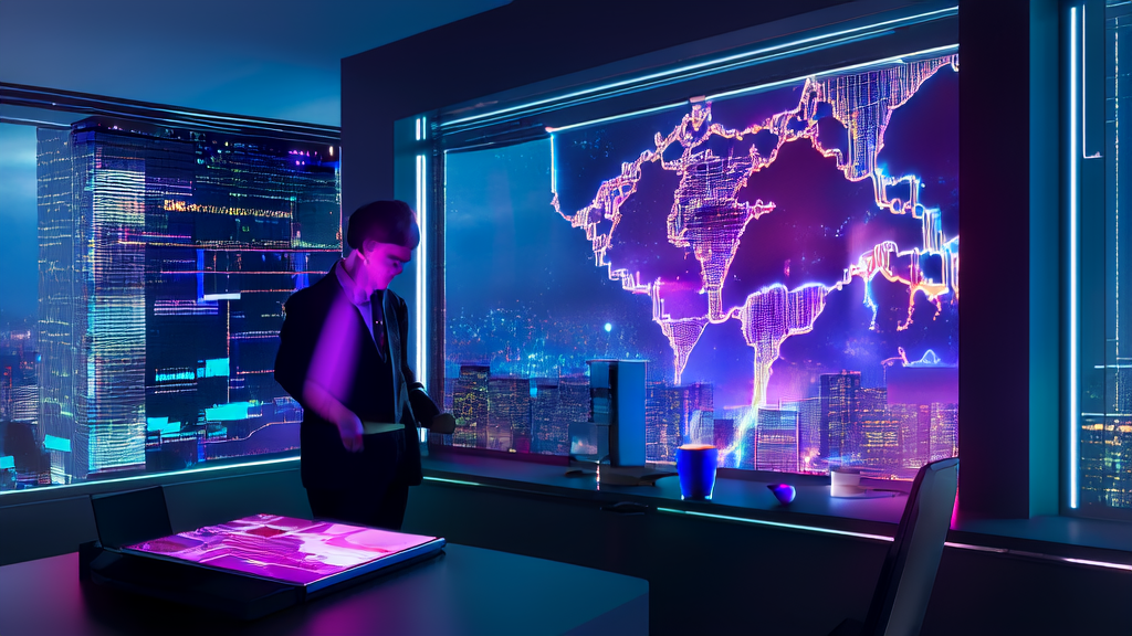 Scene of AI data analysis for cross-border e-commerce in a futuristic office