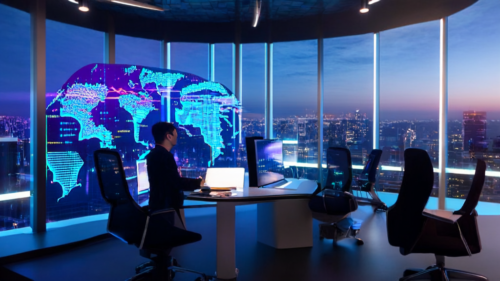 Scene in a futuristic office showcasing the application of AI tools in cross-border e-commerce