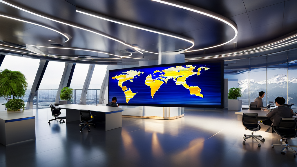 A futuristic office where a cross-border e-commerce team discusses the application of email automation tools