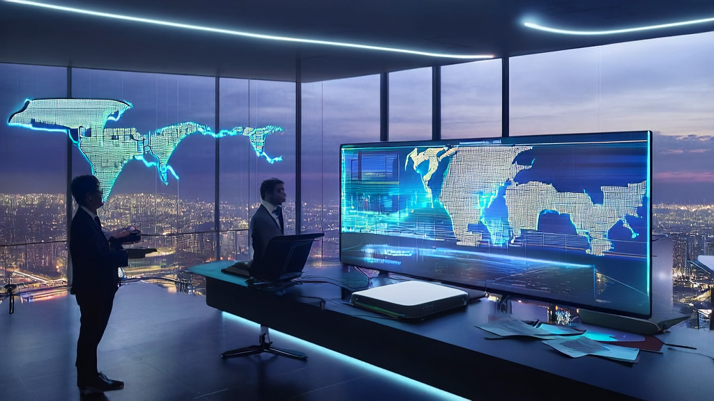 A futuristic office showcasing the 2025 cross-border email automation tools and Alibaba's "Bailin" voice model in action
