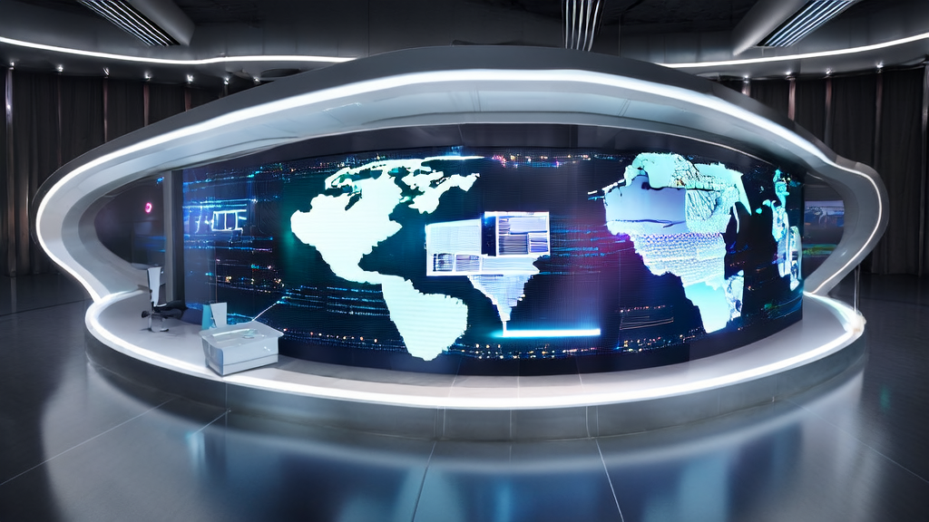 未来感办公室内，员工通过智能设备处理跨境电商业务，AI机器人自动生成多语言营销文案。