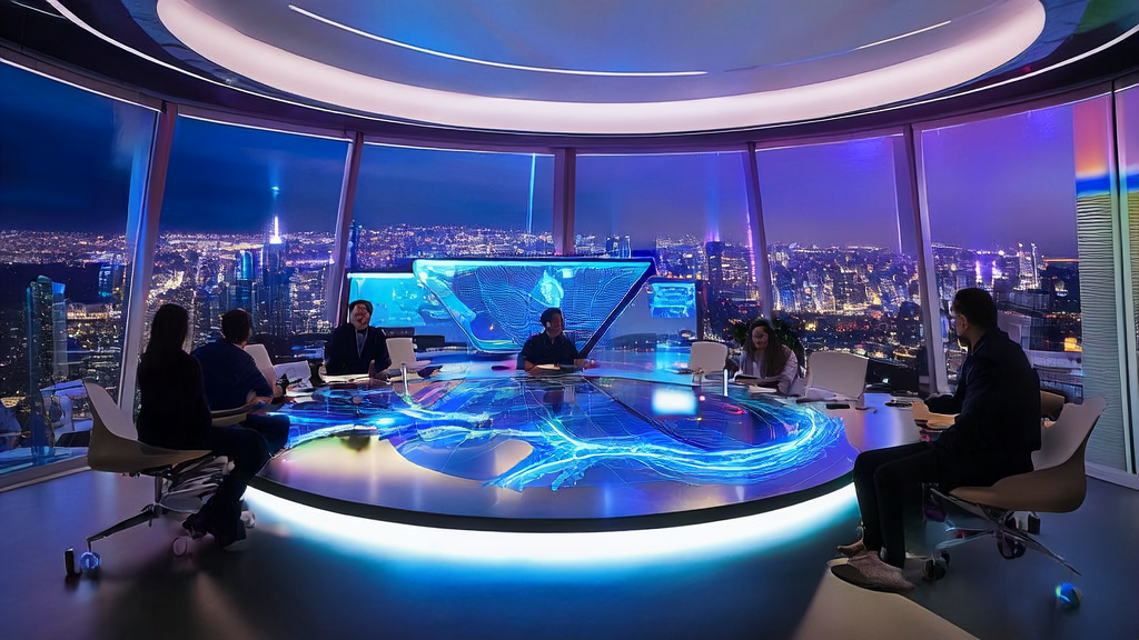 A futuristic office where a cross-border e-commerce team is using AI tools to design personalized emails