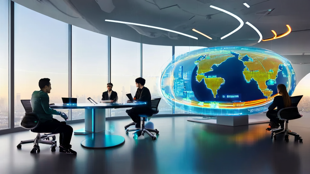 AI acquisition tools for cross-border e-commerce in a futuristic office setting